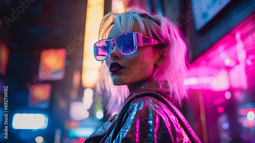 Cyberpunk-inspired portrait, holographic details, LED-lit transparent clothing, urban futuristic skyline