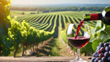 Sunlit vineyard, pouring red wine into a glass against a scenic backdrop. Capturing the essence of winemaking and leisure on a sunny day. caption space 