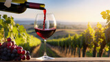 Sunlit vineyard, pouring red wine into a glass against a scenic backdrop. Capturing the essence of winemaking and leisure on a sunny day. caption space 