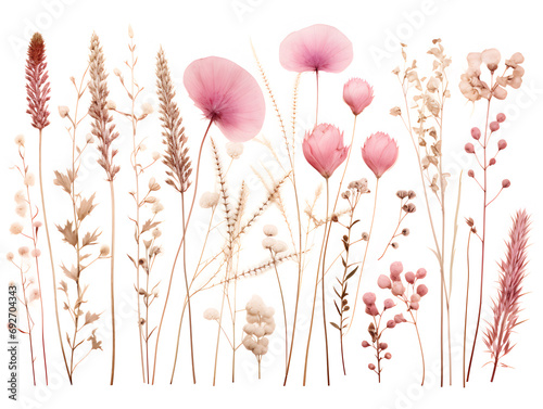 Pink dried herbarium flowers on white background
