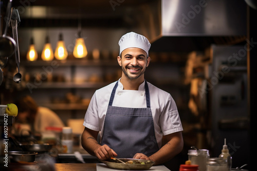 chef in a kitchen, white hat, confident smile, surrounded by culinary tools, warm ambient lighting photo