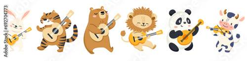 Set of children vector illustration. Cute cow panda bear hare hare lion and tiger playing guitar. Animals with musical instruments on white background . Vector illustration