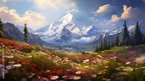 a scenic mountain vista with snow-capped peaks, surrounded by blooming wildflowers, showcasing the diverse beauty of a summer landscape