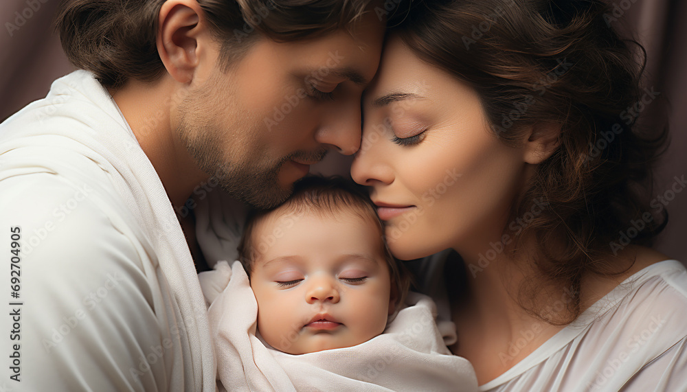 Family love cute Caucasian child embracing adult generated by AI Family love cute Caucasian child embracing adult generated by AI