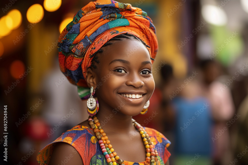 young African girl with braided hair adorned with beads, vibrant traditional clothing, bright, joyful expression