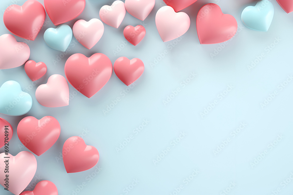 Valentine's Day background, with 3D hearts, with copy space, in candy pastel color. On a blue background, bright and rich for design.