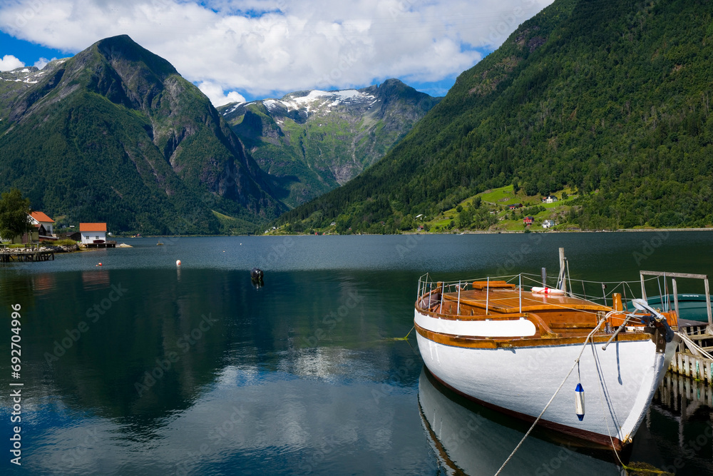 Boat moored at the waterfront of Balestrand, Sognefjorden, Norway