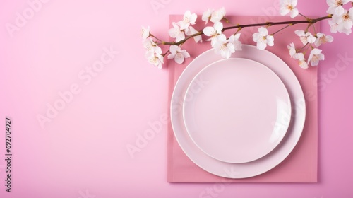 Pink cutlery and plate on a pink table.
