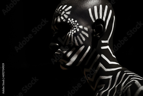 Portrait of a figure with geometric face paint, abstract expressionist background, sharp contrasting shadows