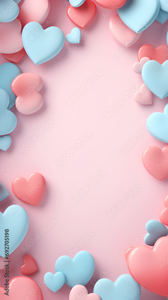 Valentine's Day background, with 3D hearts, with copy space, in candy pastel color. On a pink background, bright and rich for design. - obrazy, fototapety, plakaty 