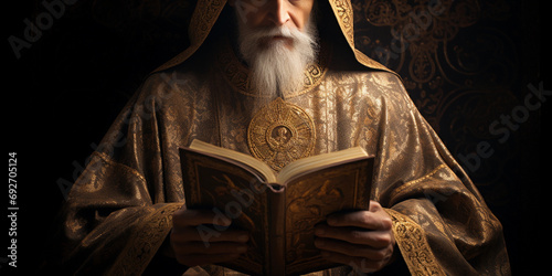 Saintly figure in Byzantine iconographic portrait, halo of gold leaf, intricate embroidery on robes, holding a gilded scripture, aged parchment background photo