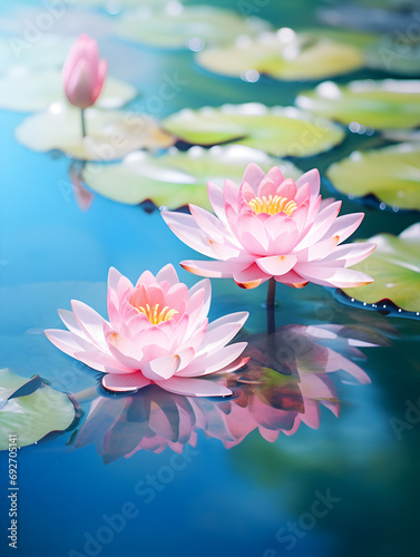 Beautiful pink Lotus flowers floating on blue water outdoors  blurry background