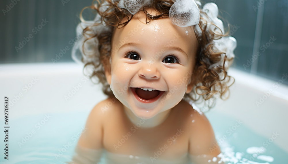 Smiling child enjoys bubbly bath in domestic bathroom generated by AI Smiling child enjoys bubbly bath in domestic bathroom generated by AI