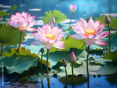 Beautiful pink Lotus flowers floating on blue water outdoors, blurry background