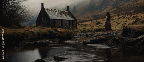 Creepy Rural Scene with House and Woman in Dress. Melancholic Autumn Mood. Generative AI. photo