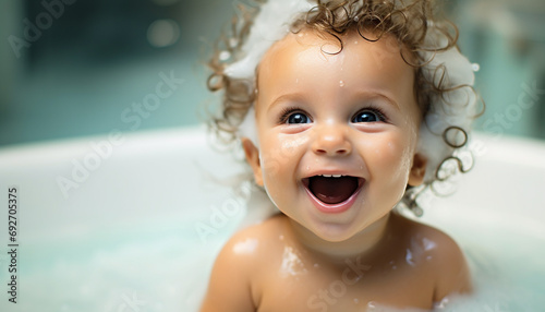 Cute baby smiling, enjoying a bubbly bath generated by AI