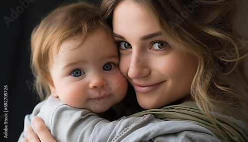 Smiling mother embracing cute baby, love and happiness generated by AI