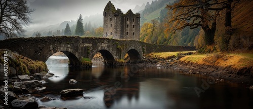 Moody Autumn River Scene with Bridge and Ruined Building. Atmospheric Melancholy Style. Generative AI.