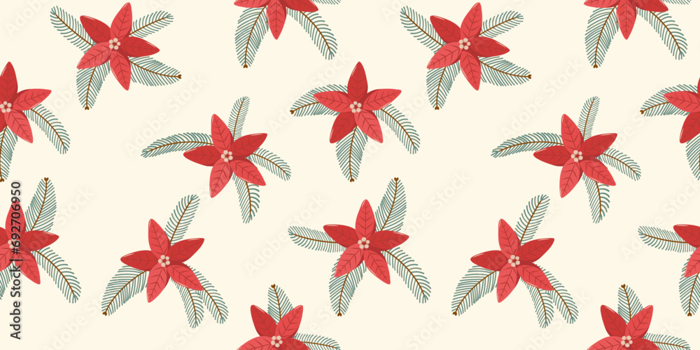 Winter rectangular seamless pattern on white background with hand drawn christmas tree branches, poinsettia in flat vector style. Holiday seasonal floral decoration. For textile, background, packaging