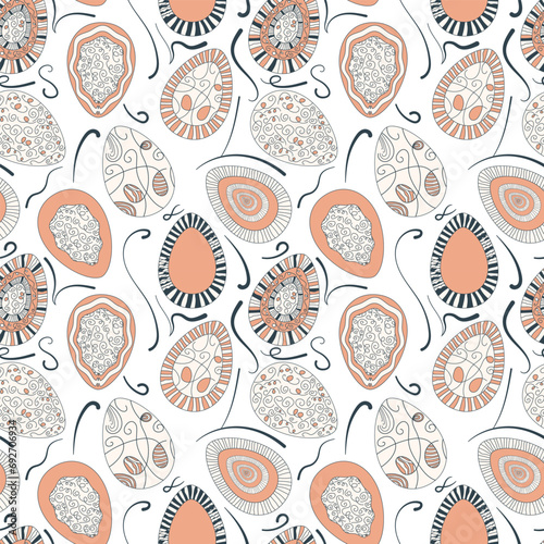 tribal Easter eggs seamless pattern ornament icon, folk easter paschal design fashion prints for decorated egg in black, pastel peach and eggshell color