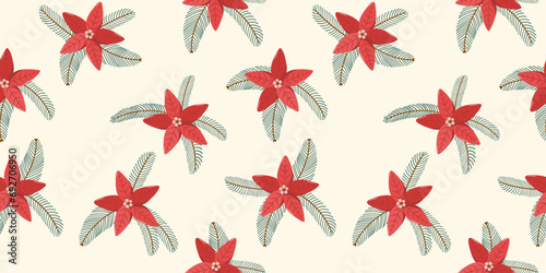 Winter rectangular seamless pattern on white background with hand drawn christmas tree branches, poinsettia in flat vector style. Holiday seasonal floral decoration. For textile, background, packaging © Katrinka8888