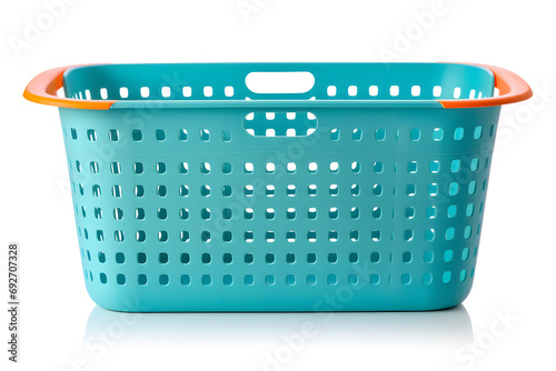 Teal laundry basket with orange handles isolated on white