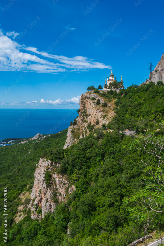 Naklejka premium Beautiful church in the mountains. Mountain church. Church in mountains. Mountain church view