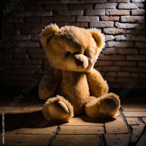 Ein Teddybär im dunklen Keller als Konzept für Kindesmissbrauch. photo
