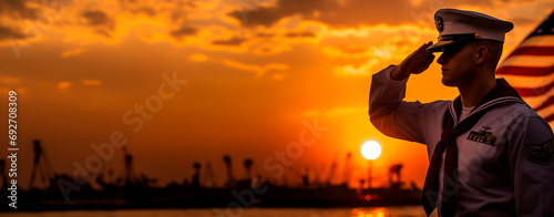 Silhouette of a sailor saluting at sunset with industrial harbor background.  © henjon