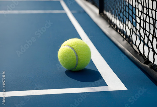  Tennis ball rests on blue tennis court