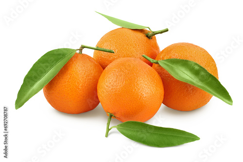 Tangerine or clementine with green leaf isolated on white background with full depth of field.