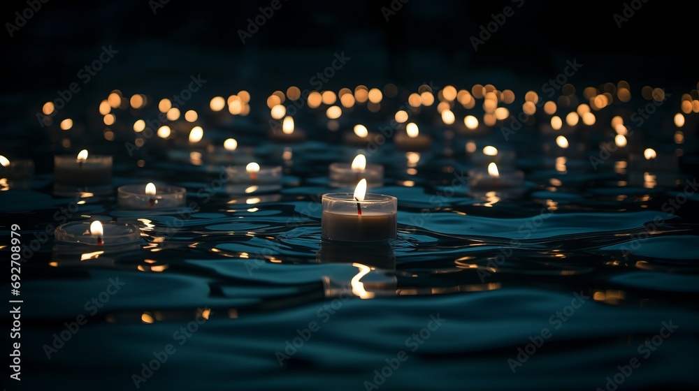 Burning candles on water background.