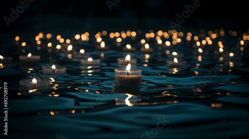 Burning candles on water background.