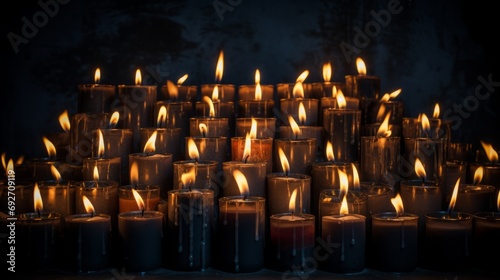 Many lit burning candles background.