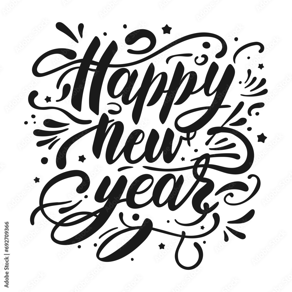 Happy New Year poster. Trendy golden calligraphy, text, stars. Vector lettering illustration for typography. Print to party, sticker, banner, badge, design, flyer, web, advertising. Happy New Year poster. Trendy golden calligraphy, text, stars. Vector lettering illustration for typography. Print to party, sticker, banner, badge, design, flyer, web, advertising.
