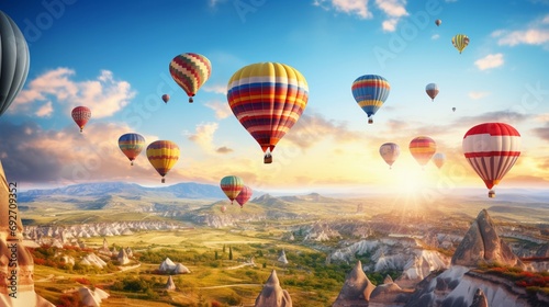 Burst of colors as hot air balloons soar above a vast, patchwork landscape