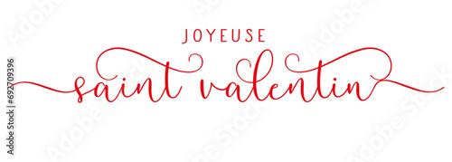 Joyeuse Saint Valentin elegant brush calligraphy. French lettering - Happy Valentines Day. Valentine holiday card with red handwritten, romantiс design. Vector illustration