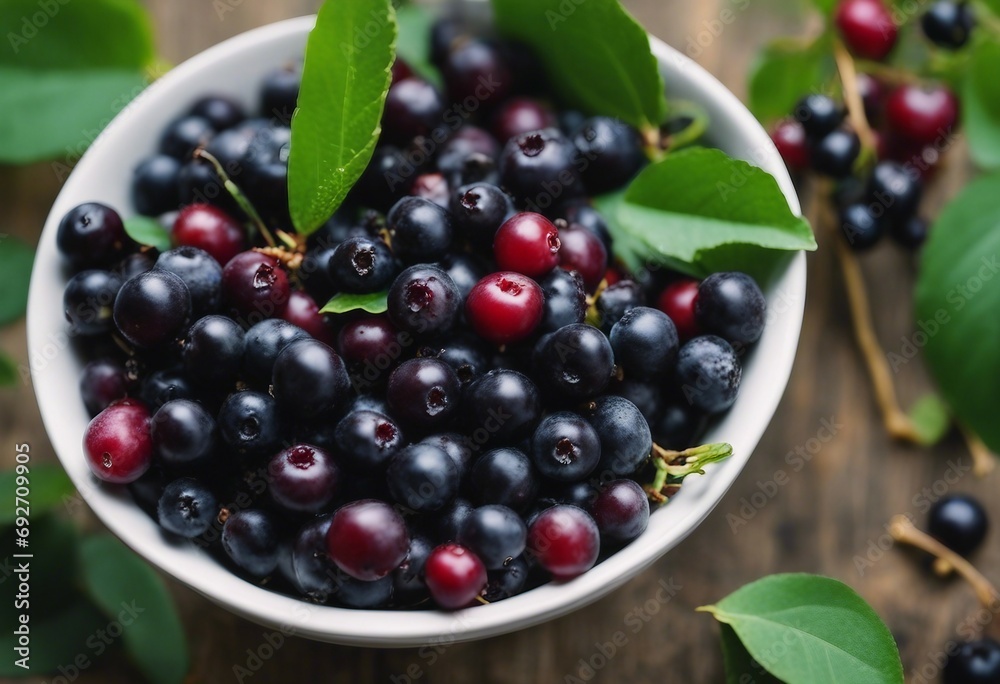 Bowl with freshly picked homegrown aronia berries Aronia commonly known as the chokeberry with leaves Bowl with freshly picked homegrown aronia berries Aronia commonly known as the chokeberry with leaves