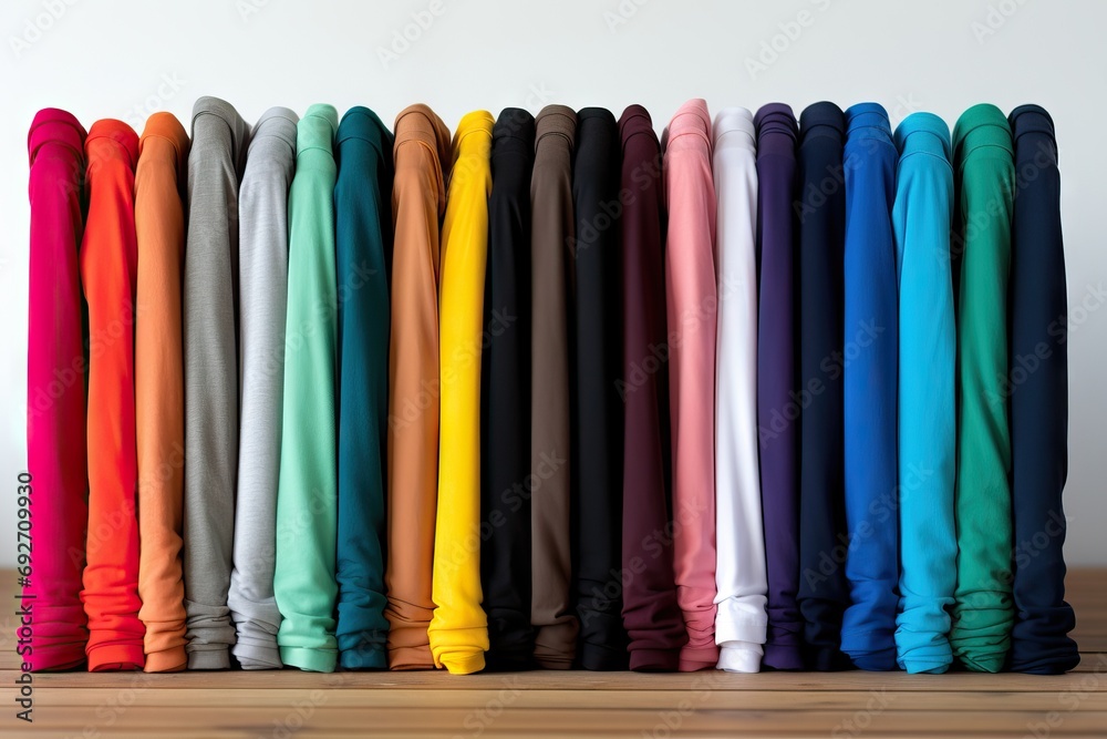 background white shirts colored various Pile isolated colors rainbow colorful tshirts cotton fabric new fresh many row panorama wide shirt t-shirt colourful fashion casual attire laundry clothes - obrazy, fototapety, plakaty 