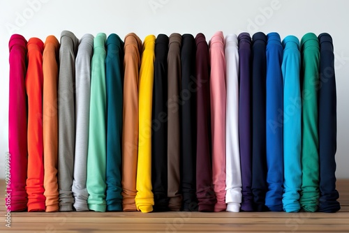 background white shirts colored various Pile isolated colors rainbow colorful tshirts cotton fabric new fresh many row panorama wide shirt t-shirt colourful fashion casual attire laundry clothes