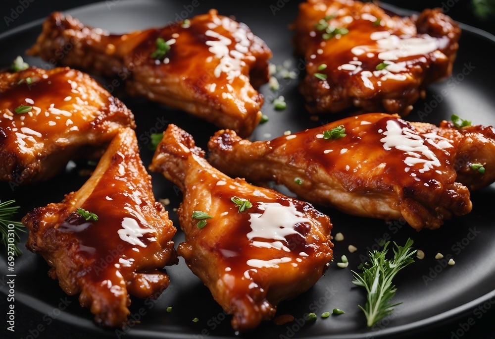 Grilled sticky chicken wings on plate over dark background Buffalo chicken wings with sauce Close up Grilled sticky chicken wings on plate over dark background Buffalo chicken wings with sauce Close up