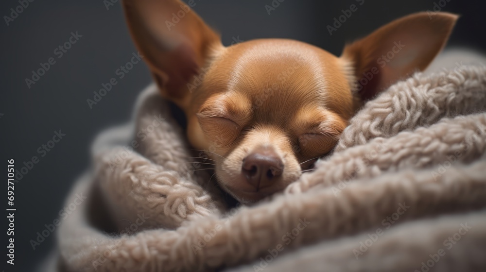 Cute chihuahua dog sleeping in a soft blanket. Generative AI Cute chihuahua dog sleeping in a soft blanket. Generative AI