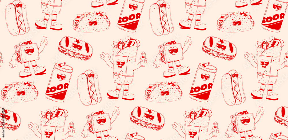Fast food retro cartoon fast food seamless pattern. Comic characters of burger, fries, taco, hot dog for bar, cafe, restaurant. Fast food retro cartoon fast food seamless pattern. Comic characters of burger, fries, taco, hot dog for bar, cafe, restaurant.