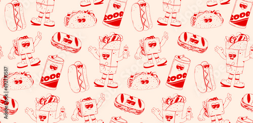 Fast food retro cartoon fast food seamless pattern. Comic characters of burger, fries, taco, hot dog for bar, cafe, restaurant.