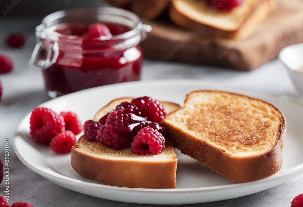 Toasted bread with sweet raspberry jam for breakfast on light background