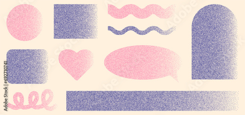 Design elements for posters, stickers. Geometric abstract shapes. Retro aesthetics. Elements with grain texture. Modern style.