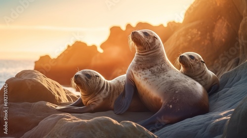 Sea lions on the rocks at sunset. Scientific name: Zalophus californianus. Generative AI
