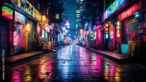 Neon signs creating a kaleidoscope of colors in a bustling urban alley