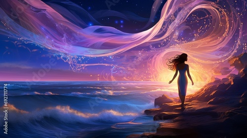 Neon waves in a mesmerizing dance, shimmering with an ethereal glow and painting the digital sky with a celestial palette.