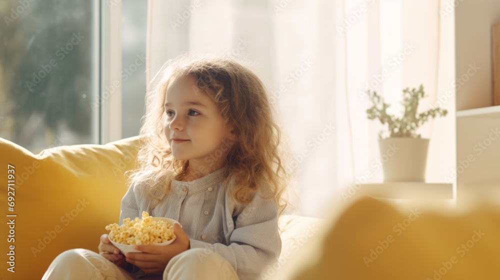 Cute little girl sitting on the couch and eating popcorn at home Generative AI Cute little girl sitting on the couch and eating popcorn at home Generative AI